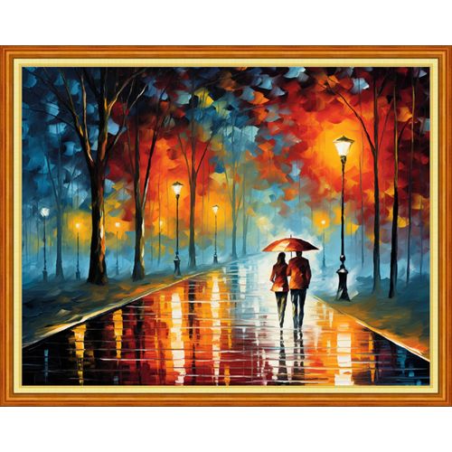 Funart Stamped Cross Stitch Kits for Beginners Full Range of Cross Stitching Preprinted Embroidery Kits for Adults, 11CT Embroidery Pattern Needlepoint Kits-Rromantic Stroll Rainy Night 16x20 inchs