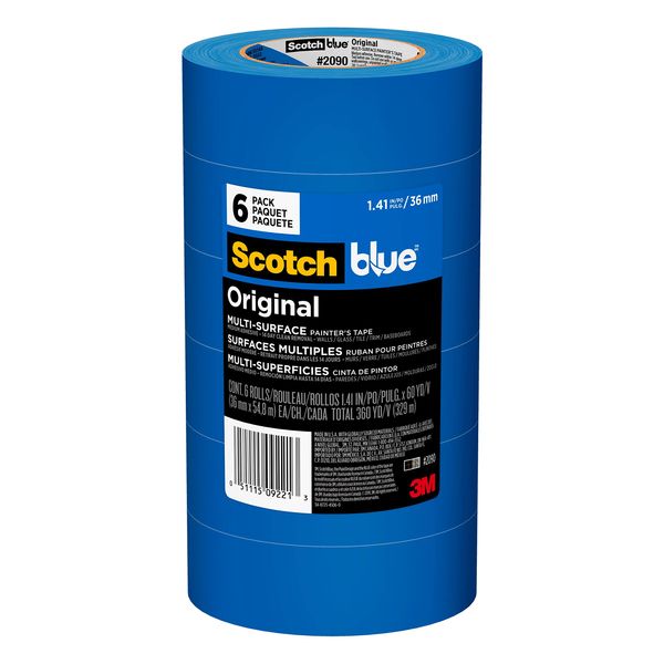 Scotch Painter's Tape 1.41 inches Original Multi-Surface Painter's Tape, x 60 yards (360 yards total), 2090, 6 Rolls, Blue, 6 Foot