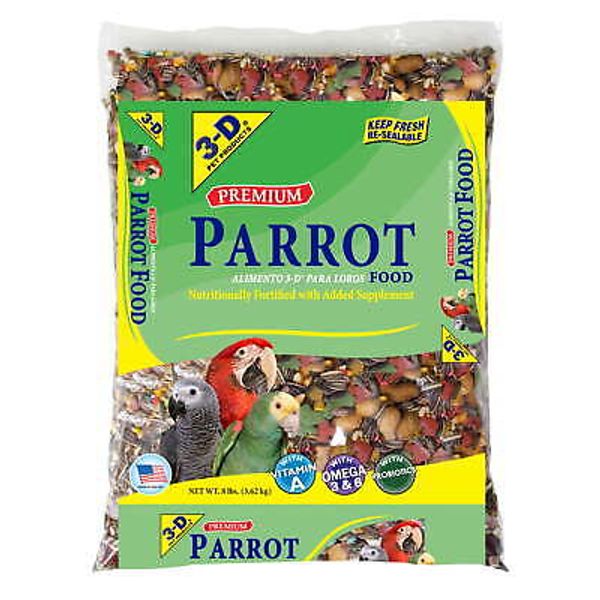 3-D Pet Products Premium Parrot Bird Food Seeds, with Probiotics, 8 lb,Bag,NEW