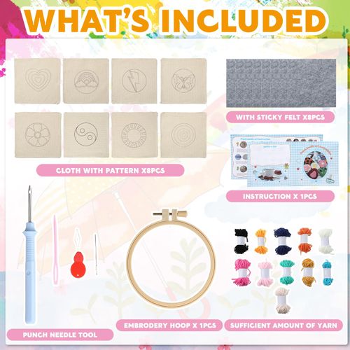 Solsew 8 Pcs Punch Needle Coasters Kit Punch Needle Embroidery Kit for Beginners Adults Including Patterns Tools Yarns Hoop Instruction for Art Craft Supplies Gifts(Butterfly)