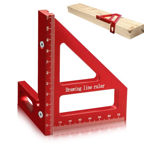 Woodworking Square Protractor, 3D Multi Angle Measuring Ruler, 45/90 Degree Aluminum Miter Triangle Ruler Scriber, High Precision Layout Multipurpose Measuring Tool for Engineer Carpenter (Red)