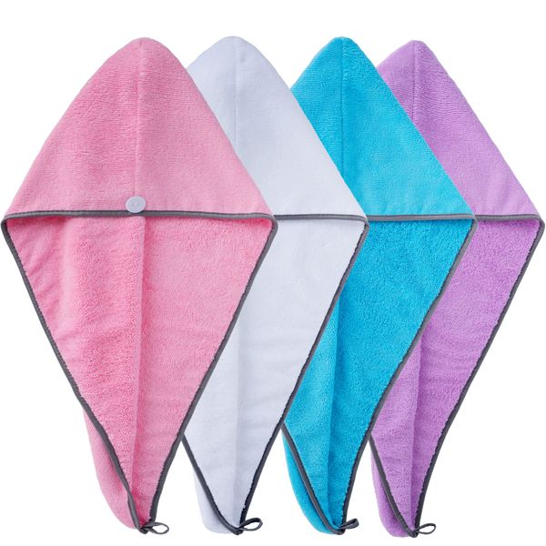 POLYTE Microfiber Hair Turban Wrap Drying Towel, 12 x 28 in, 4 Pack (Blue,Pink,Purple,White)