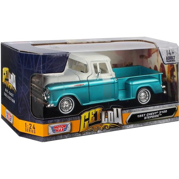 1957 Chevy 3100 Stepside Pickup Truck Lowrider Turquoise Metallic and White with White Interior Get Low Series 1/24 Diecast Model Car by Motormax 79032tur