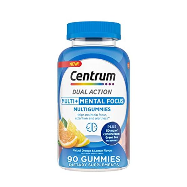 Centrum MultiGummies Multi+ Dual Action Mental Focus Adult Multivitamin with Caffeine from Green Tea, Supports Mental Focus, Attention and Alertness, Lemon/Orange Flavors - 90 Count