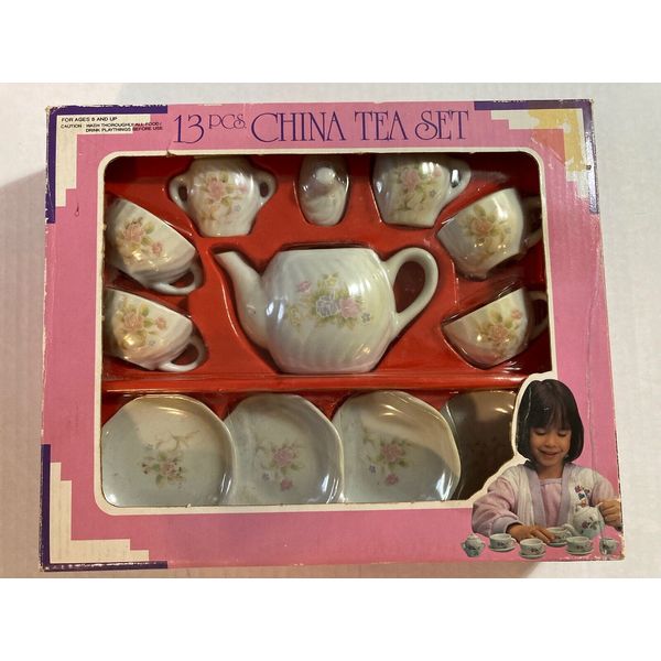 NOS Miniature China Tea Set 13 pc Pink Roses Child’s 8+ Years Toy Pretend Play