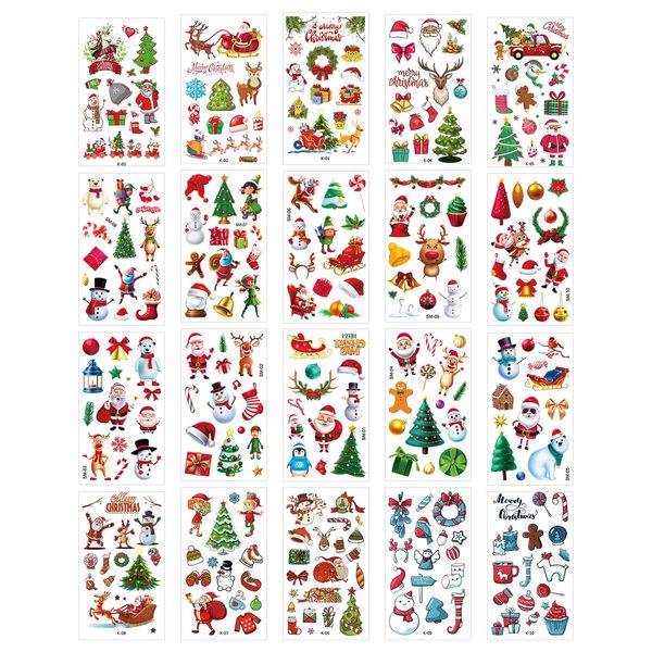 20 Blatt Weihnachts Temporäre Tattoos Kinder, Schneemänner Weihnachtsmann Elch Glocke Kranz Geschenkbox Tattoo-Aufkleber Weihnachtsstrumpffüller Partygeschenk Dekorationszubehör