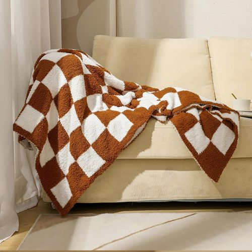 Soft Checkered Throw Blanket, Ultra Cozy Knit Yellow Throw Blanket Fluffy Fuzzy Reversible Checkerboard Blanket for Travel Couch Sofa Bed Decor, 51x63 inches, Khaki