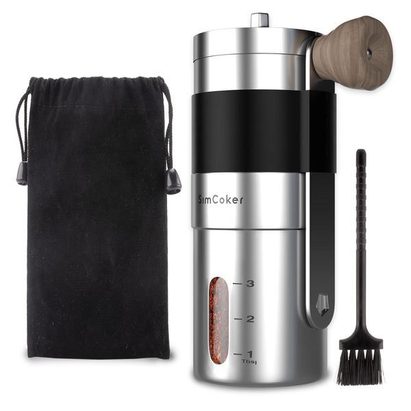 SimCoker Manual Coffee Grinder Ceramic Burrs Hand Coffee Grinder 304 Stainless Steel Compact Size, Includes Cleaning Brush, Storage Pouch