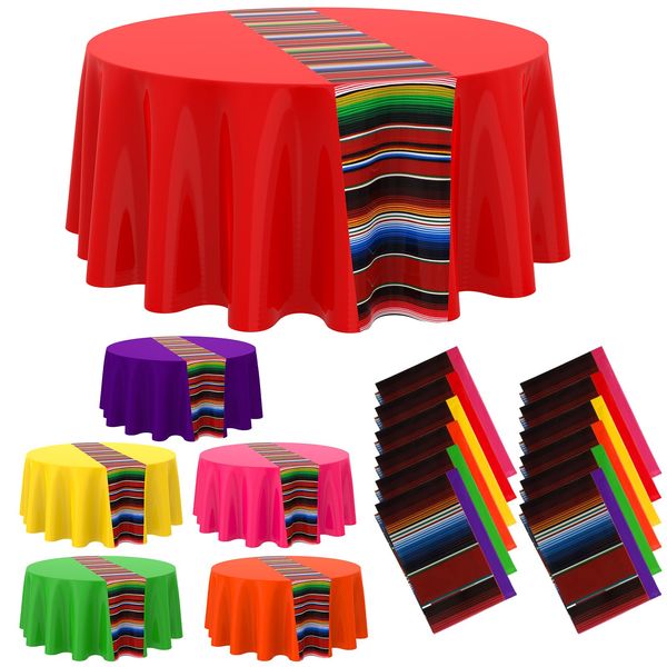 Oudain 24 Pcs Fiesta Tablecloth 84 Inch Plastic Tablecover Waterproof Mexican Round Tablecloth Striped Serape Tablecloth Table Cover for Taco Night Festive Carnival Party Wedding (Multicolor)