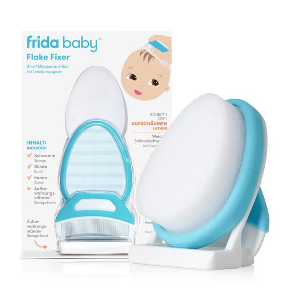 Frida Baby DermaFrida the FlakeFixer | Milk Scab Treatment | 3 Step Kit Against Milk Scab, Soothes Baby's Scalp, Prevents Dryness and Dandruff | Sponge, Brush and Comb + Stand