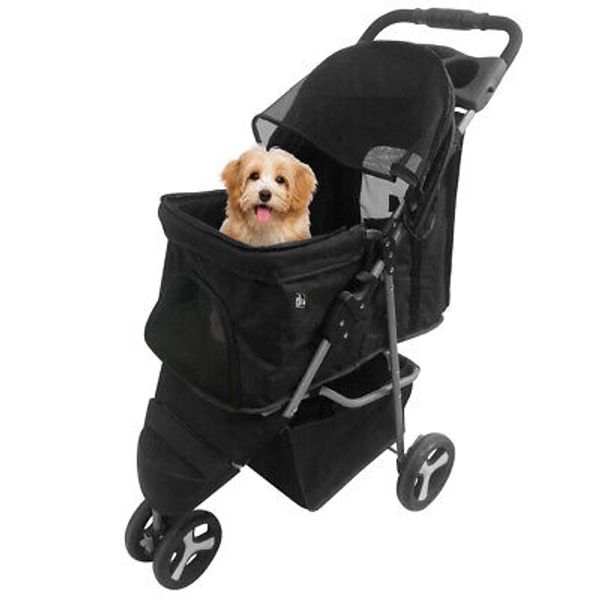 3 Wheels Pet Stroller Foldable Dog Stroller Cart Cat Carrier w/Cup Holder Black