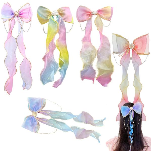 5Pcs Hair Bows, Hair Bows for Girls, Bow Hair Clip, Girls Hair Bows, Bows for Hair, Princess Ribbon Pearl Tassels Girls Hair Accessories, Hair Fastener Accessories for Women Girls