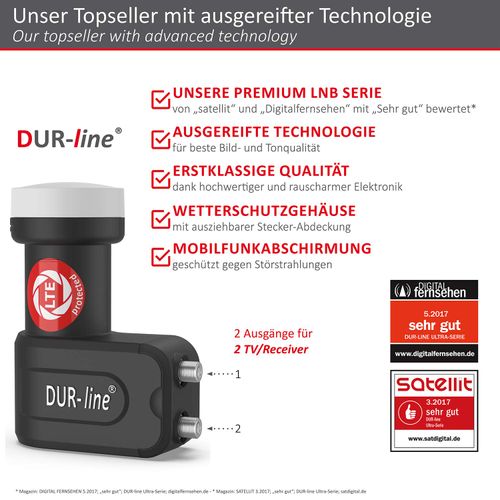 DUR-line + Ultra Twin LNB - 2 Participants Black - with LTE Filter [ Test Very Good *] 2x Digital with Weather Protection Full HD 4K Premium Quality