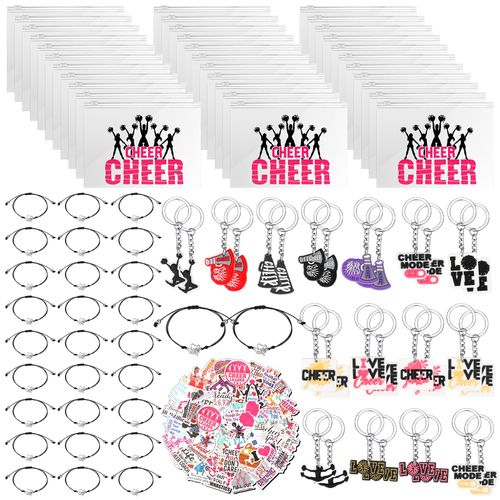 Huquary 91 Pcs Cheerleader Gifts Kit Zipper Portable Cheer Makeup Bag Keychain Black Cheer Bracelets 1 Bag Waterproof Stickers for Women Girls Cheerleader Teammates