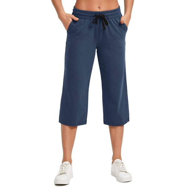 SPECIALMAGIC Women's Capri Pants Loose Yoga Cotton Capris Sweatpants 3 Pockets Wide Leg Drawstring Pajama Pants Navy 3XL