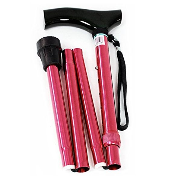 UK Care Direct Folding Adjustable Walking Stick |Colour - DARK PINK| Polished Wooden Handle with Wrist Strap - Five Levels of Height Adjustment - Non-Slip Rubber Tip for Stability