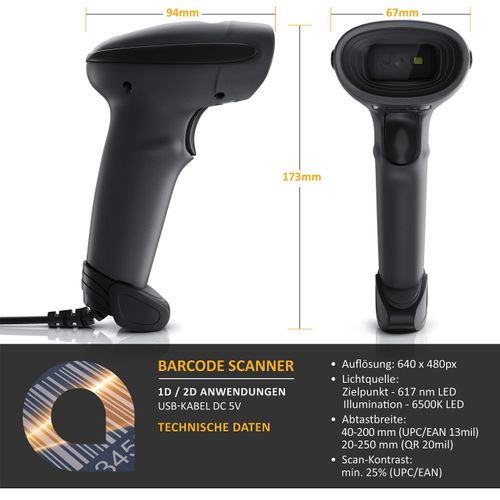CSL - QR Barcode Scanner 2D - USB Laser Barcode Scanner Wired - Single and Multi Scan - Screen Scan - QR Code + PDF 417 + Datamatrix + UPC + EAN + GTIN + ISBN - Includes Bracket