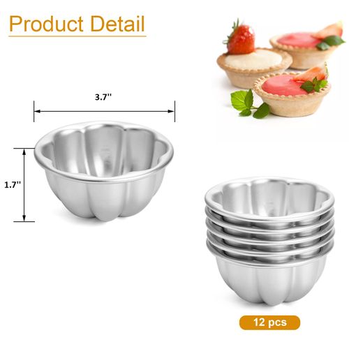 Mezchi 12 Pack Egg Tart Molds, Aluminum Alloy Pudding Jelly Molds, Reusable Cake Tartlets, Cupcake and Muffin Cups for Baking, Flower Shape, Non-sticky