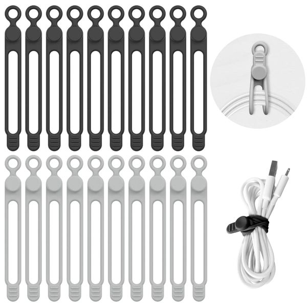 Lasocy 20 Pcs Cable Clips, Cable Bands, Cable Organizer, Cord Organizer, Earphones, Cord Storage, Reusable Silicone, Black, Gray