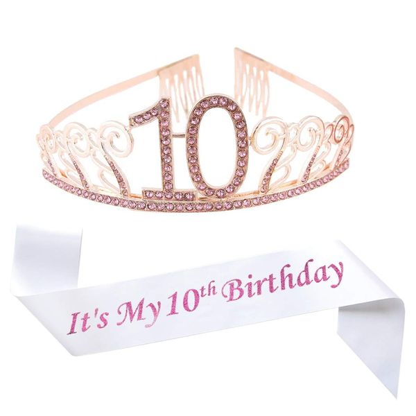 10th Birthday Pink Tiara and White Sash Glitter Satin Sash and Crystal Rhinestone Tiara Crown for Happy 10th Birthday Party Supplies Favors Decorations 10th Birthday Party Accessories