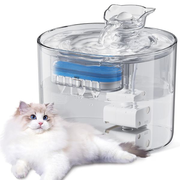 The Fellie Cat Water Fountain, 2.2L Cat Water Fountain for Drinking, Triple Layer Filtration, Super Silent Water Dispenser, Faucet Cat Drinking Fountain, Suitable for Cats and Dogs