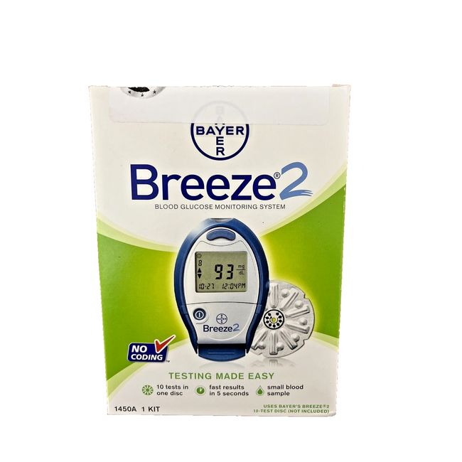 Bayer Breeze2 Blood Glucose Monitoring System Meter 1450A Use 10-Test Exp