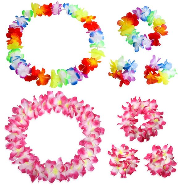 Hawaiian Leis Luau Tropical Headband Flower Crown Wreath Headpiece Wristbands Women Thicker Necklace Bracelets Hair Band For Summer Beach Vacation Pool Party Decorations Favors Supplies Set Rose