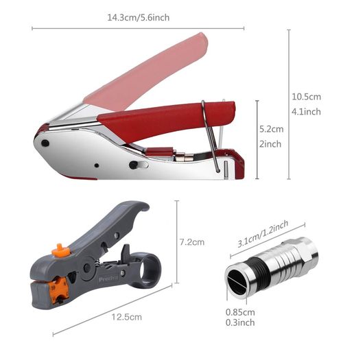 Preciva Coax Cable Crimper, Coaxial Cable Compression Tool Kit with Crimp Tool, Double-Blade Wire Terminal Stripper Adjustable for Coaxial Cable RG59/6/58/174, 20 F Connectors(for RG6 Cable&Cable TV)