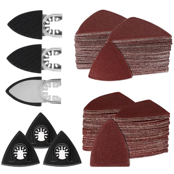 156 Stück Multitool Schleifplatte Zubehör Kit, 3 Finger Schleifpads und 3 Dreieck Schleifteller, mit 150 Schleifpapier (75 Blatt 80x80mm und 75 Blatt 50x40mm) 60/80/100/120/240er Körnung
