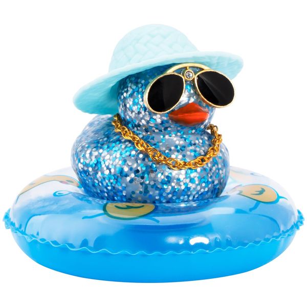 wonuu Dashboard Decoration Rubber Duck, for Car Ornament Accessories with Cowboy Hat Swim Ring Necklace Sunglasses, Z Glitter Blue&Sun Hat Blue&Blue