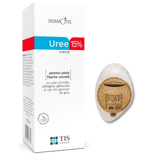 TIS - Creme mit Urea 15 % - Ekzem, Keratose, Dicke, Rissige, Raue, Abgestorbene, Trockene Haut | Wundheilung | Milchsäure (AHA) und Weizenkeim + Mandelmilchseife 25g