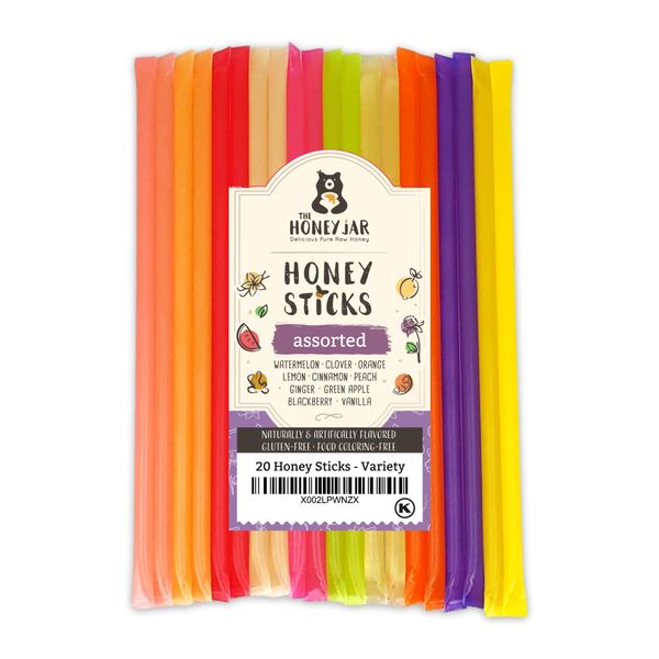 The Honey Jar Variety Pack Raw Honey Sticks - Pure Honey Straws For Tea, Coffee, or a Healthy Treat - One Teaspoon of Flavored Honey Per Stick - Made In The USA with Real Honey - (20 Count)