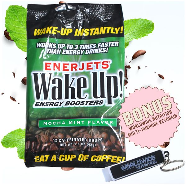 World Wide Nutrition Enerjets Wake Up Energy Booster Caffeinated Drops - Instant Coffee Supplements - Mocha Mint Flavor - Pack of 12, Per Package with Worldwide Multi Purpose Key Chain