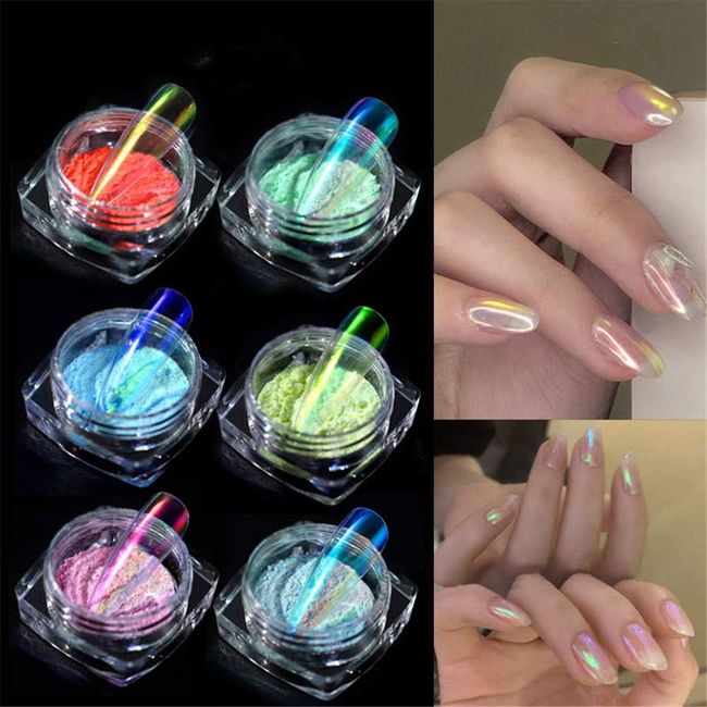 6 Boxes Chameleon Laser, Neon Powder, Mirror Powder, Nail Parts, Mirror Nails, Gel Nails, Metallic Nails, 0.008 oz (0.2 g), 6 Boxes