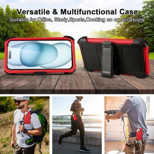 Compatible with Defender iPhone 15 Case with Clip,Holster with Kickstand,for Heavy Duty iPhone 15 Phone Case Rugged,2 Layers of Sturdy,Anti-Drop for Phone Case iPhone15 Case Protective(Red)
