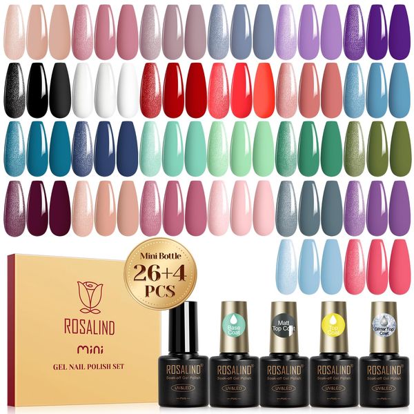 ROSALIND 30PCS Gel Nail Polish Set with Base Glossy Matte and Glitter Top Coat Gel Polish, Multicolored Gel Nail Set Long Lasting DIY Manicure Gifts