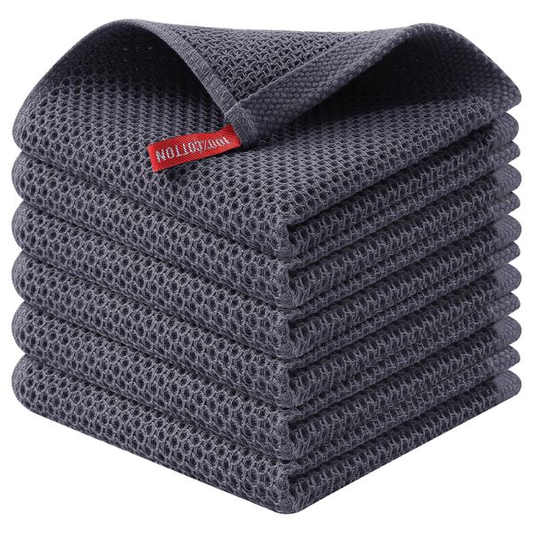 Kitinjoy 100% Cotton Kitchen Dish Cloths, 6 Pack Waffle Weave Ultra Soft Absorbent Dish Towels for Drying Dishes Quick Drying Kitchen Towels Dish Rags, 12 X 12 Inches, Dark Grey