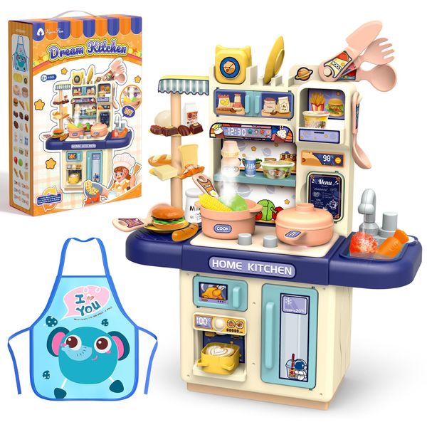 Mini Kids Kitchen Playset with Apron, Play Kitchen Toy with Realistic Steam and Lights, Play Sink and Toy Kitchen Accessories, Pretend Play Gift for Toddlers 3-5 Boys Girls (Blue)