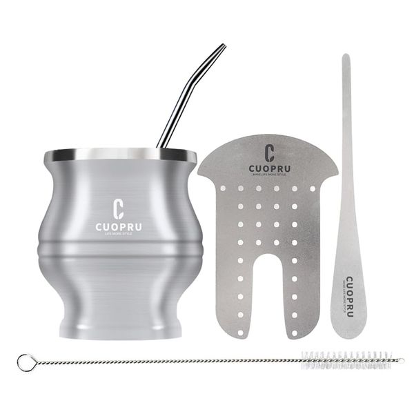 Cuopru Yerba Mate Cup Bombilla - Mate Gourd Set Includes Double Walled Stainless Steel Tea Cup, Tea Shaper set, Bombilla Straws, Cleaning Brush