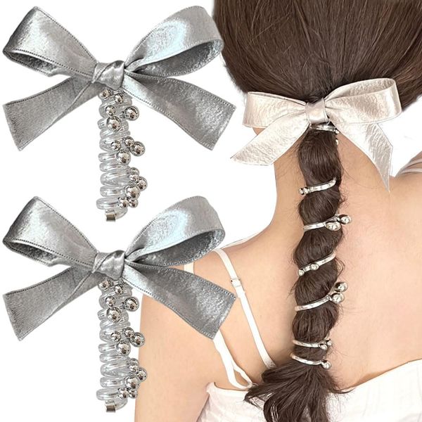 2 Pcs Bow Telephone Wire Hair Bands Spiral Hair Ties No Damage Silver Bows Braided Phone Cord Headband Hair Tie Y2K Ponytail Holders Ribbon Bowknot Beads Hairties Coil Hair Ties Cute Hair Accessories