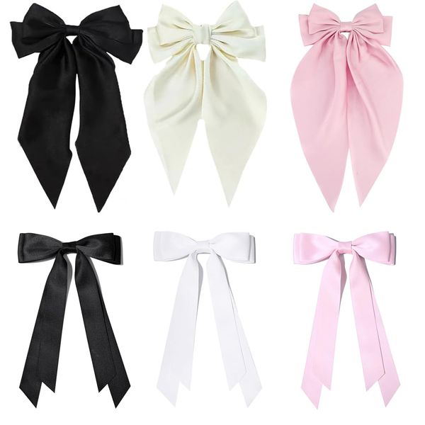 Hair Bows for Women: 6 Pcs Hair bow, 3 Pcs Big Hair Bows Long-tail & 3 Pcs Hair Ribbon Bow Hair Clips Coquette Bows for Girls Cute Silky Satin Hair