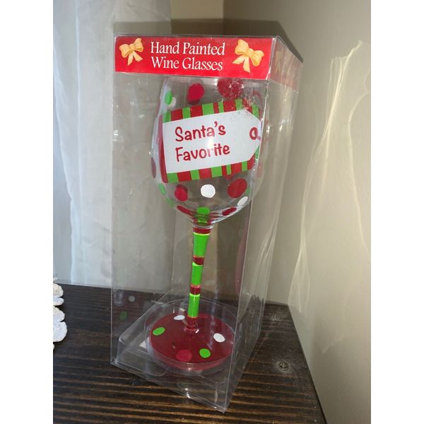 NIB Raise The Bar Hand Painted Santa’s Favorite GIFT TAG Wine Glass 15 Oz NEW