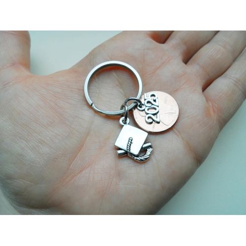 Graduation Penny Keychain with 2025 Charm Over a 2025 Penny & Graduate Cap Charm, Class of 2025