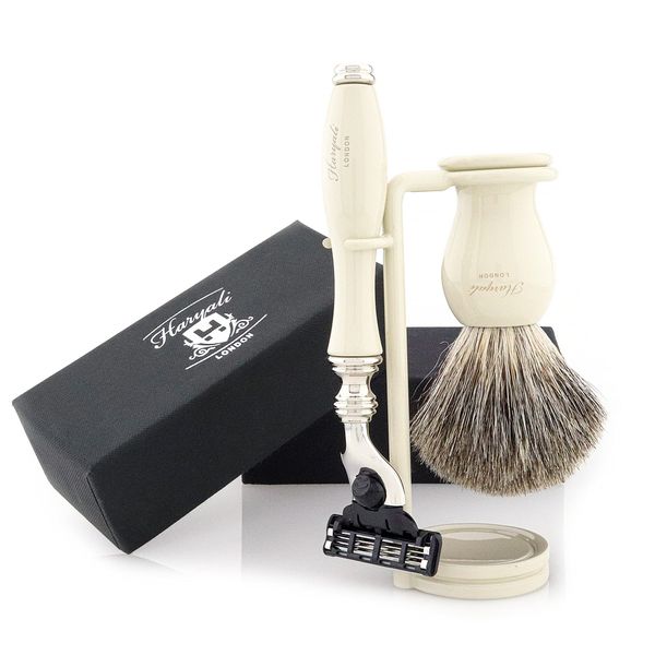 Haryali London Mens Shaving Kit 3 Edge Razor with Pure Badger Hair Shaving Brush and Stand Perfect Grooming Set for Men