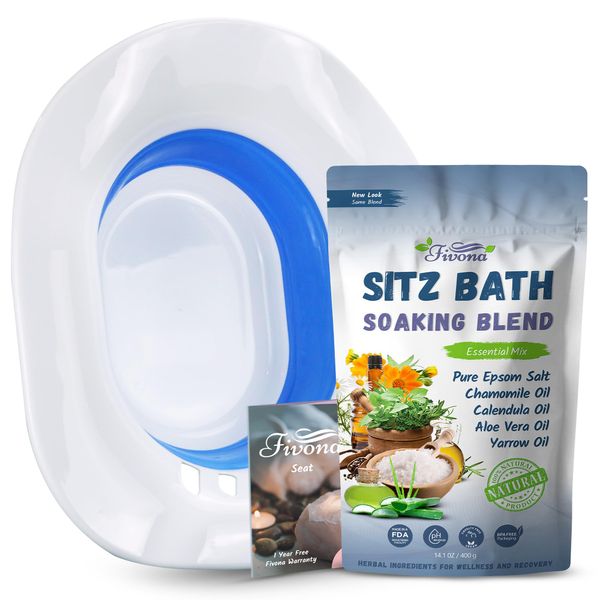 Fivona 2-in-1 Sitz Bath Soak Kit Over The Toilet Seat with Epsom Salt with Essential Oils Blend for Hemorrhoids and Postpartum Care Ideal for Perineal Soaking and Fast Irritation Relief