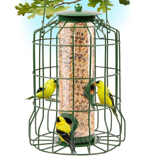 Squirrel Proof Bird Feeders for Outdoors Hanging (Metal Green) Bird Feeder with 4 Ports, Chew-Proof & Weather Resistant, Backyard Gift (10.25 x 6.25 x 6.25 inches)