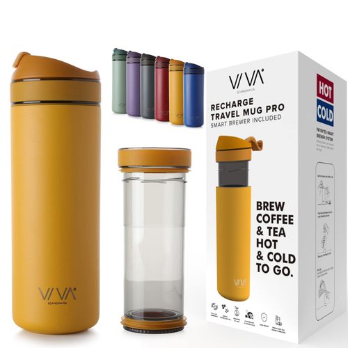 VIVA Recharge Mustard Insulated Tea & Coffee Mug & Travel French Press Coffee Maker, 16 oz, Brew & Drink From the Same Coffee Mug On the Go or Camping