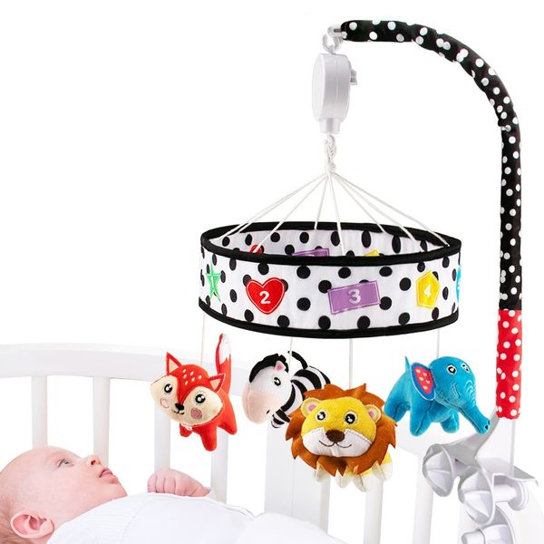 teytoy Baby Crib Mobile for Bassinet, High Contrast Black and White Musical Mobile for Crib Toy with 4 PCS Plush Animals for Newborn Boys and Girls Nursery Mobiles