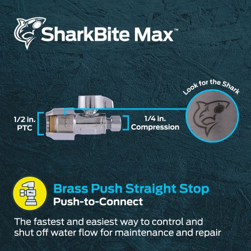 SharkBite Max 1/2 x 1/4 Inch Compression Straight Stop Valve, Quarter Turn, Push to Connect Brass Plumbing Fitting, PEX Pipe, Copper, CPVC, PE-RT, HDPE, UR23337