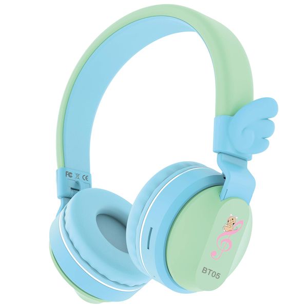 Riwbox Kids Wireless Headphones, BT05 Wings Kids Bluetooth Headphones Over Ear 85dB/103db Volume Control Children Foldable Headphones with Mic/TF Card for Tablet/Smartphone/School (Blue&Green)